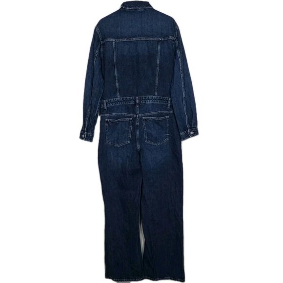 Zara Denim Jumpsuit Women XL Blue LS Button Front Zip Fly Distressed Grunge Boho - Picture 2 of 15